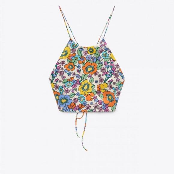 Zara Floral Retro Strappy Backless Crop Top - Size XS - Picture 4 of 10